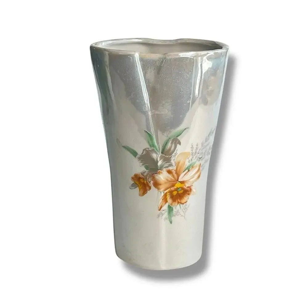 Vintage Orange & White Luster Floral Vase